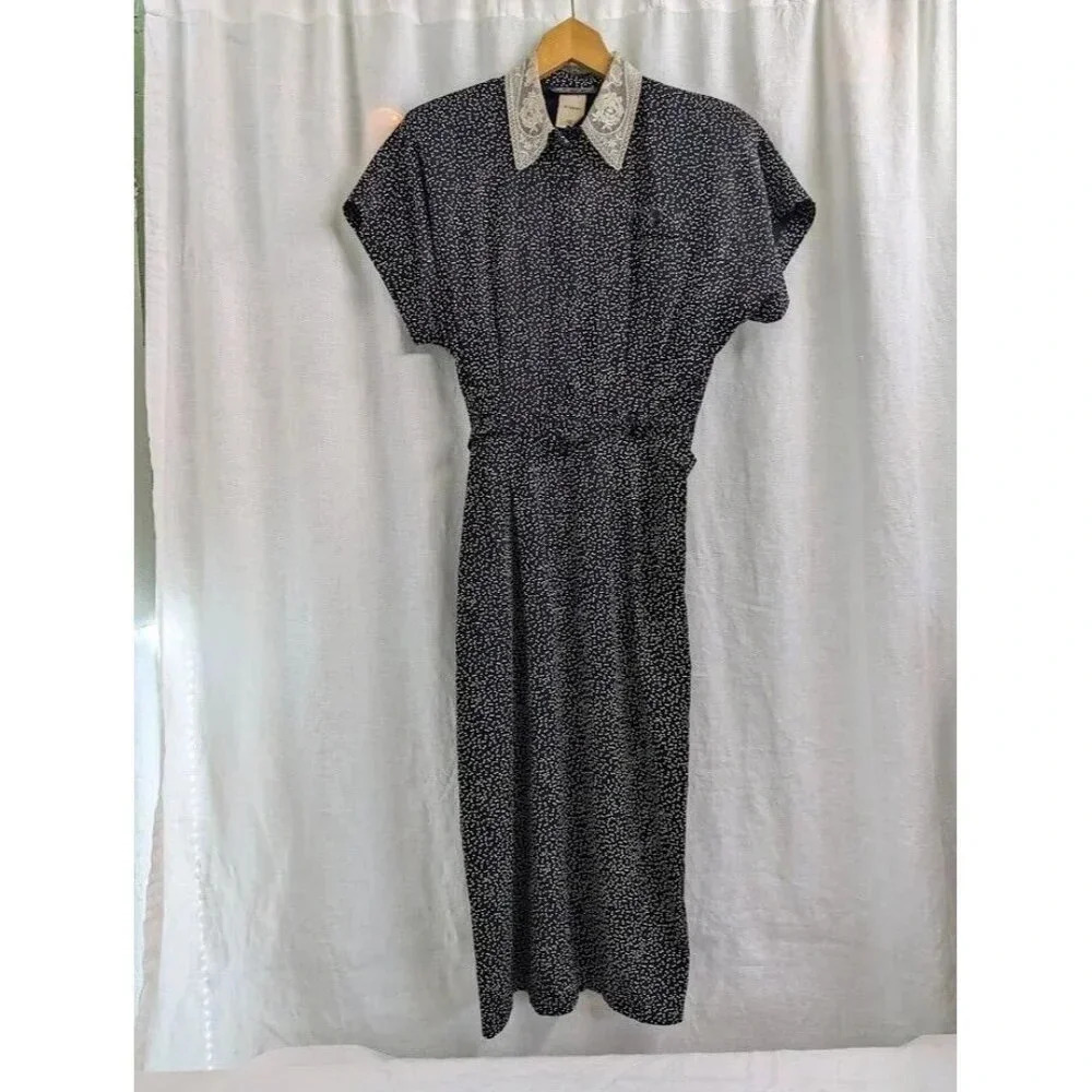 Vintage 1980s All That Jazz black w/white dots belted dress women's size 9/10 D2
